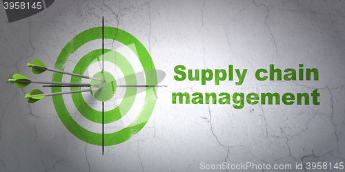 Image of Advertising concept: target and Supply Chain Management on wall background