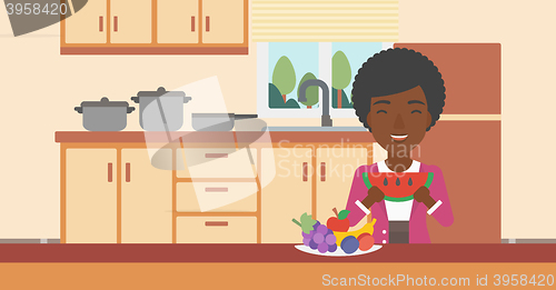 Image of Woman eating watermelon.