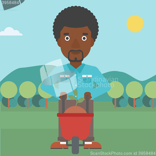 Image of Man with plant and wheelbarrow.