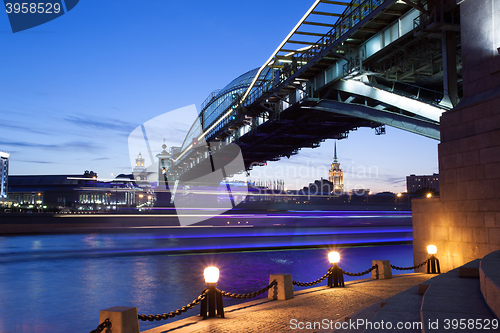 Image of night landscape with Bogdan Hmelnitsky covered bridge in Moscow