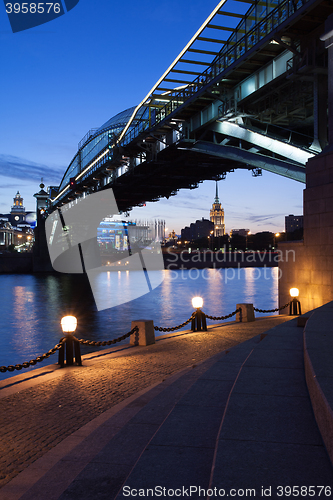 Image of evening cityscape with Bogdan Khmelnitsky Bridge, Moscow, Russia