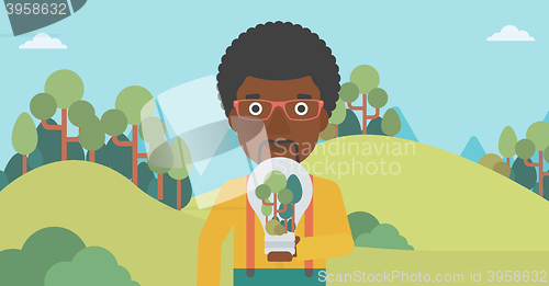 Image of Man with lightbulb and trees inside.