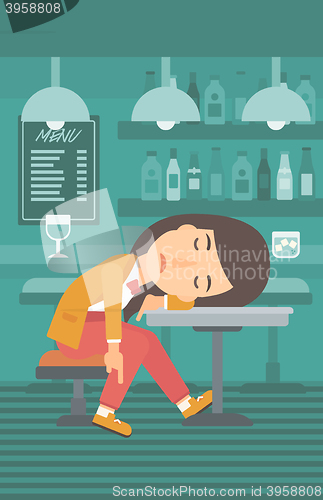 Image of Woman sleeping in bar. 