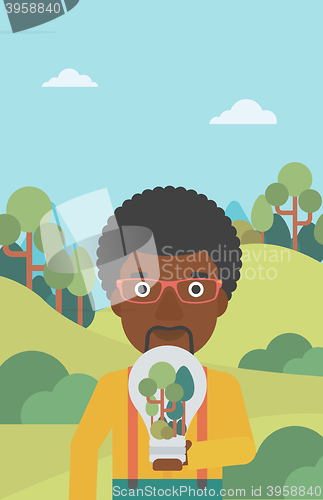 Image of Man with lightbulb and trees inside.