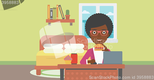 Image of Woman eating hamburger. 