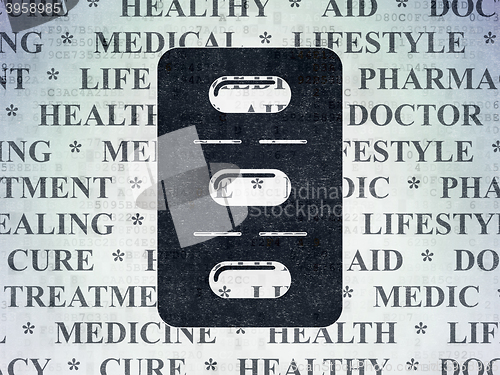 Image of Health concept: Pills Blister on Digital Data Paper background