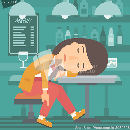 Image of Woman sleeping in bar. 