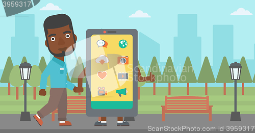 Image of Man walking with smartphone.