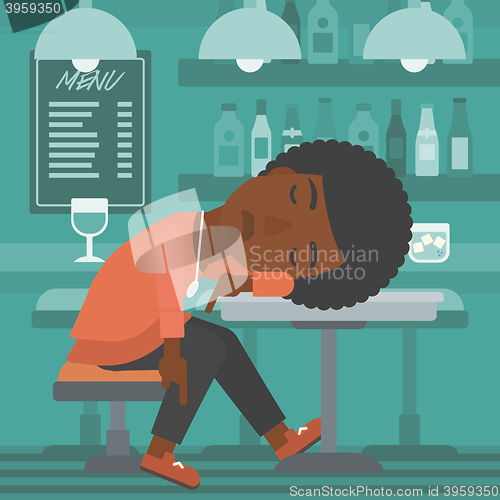 Image of Woman sleeping in bar. 