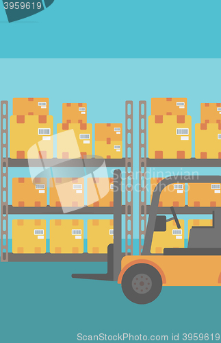 Image of Background of forklift truck and cardboard boxes in warehouse.