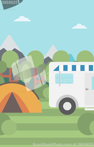 Image of Background of motorhome and tent in the forest.