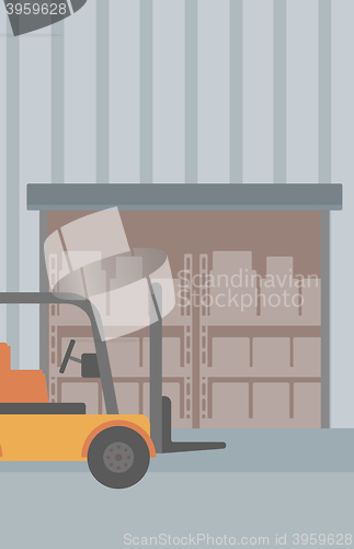 Image of Background of forklift truck and cardboard boxes in warehouse.