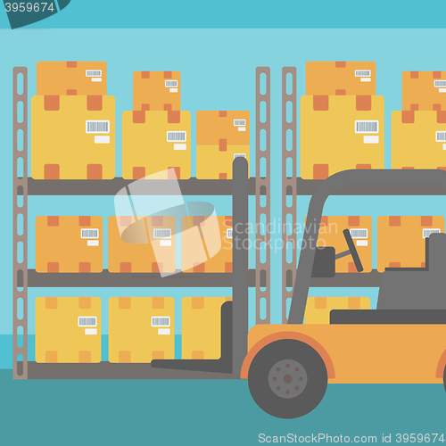 Image of Background of forklift truck and cardboard boxes in warehouse.