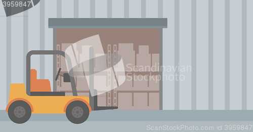 Image of Background of forklift truck and cardboard boxes in warehouse.