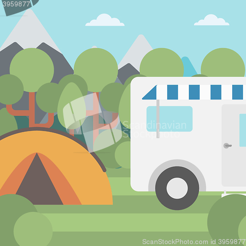 Image of Background of motorhome and tent in the forest.