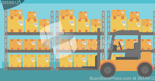 Image of Background of forklift truck and cardboard boxes in warehouse.