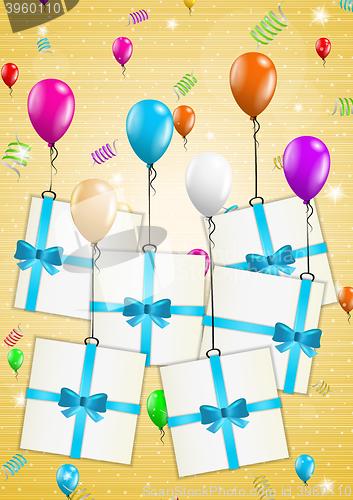 Image of birthday card with balloons and gift