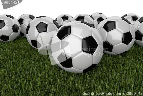 Image of many soccer balls on grass