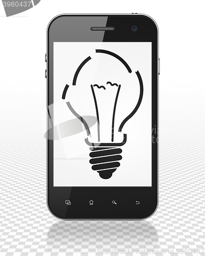 Image of Finance concept: Smartphone with Light Bulb on display