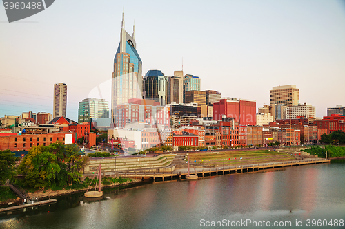 Image of Downtown Nashville cityscape in the evening