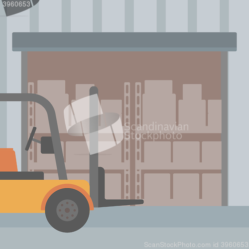 Image of Background of forklift truck and cardboard boxes in warehouse.