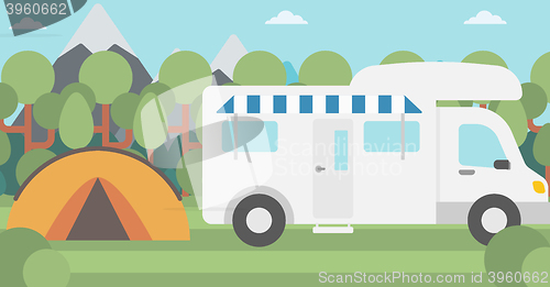 Image of Background of motorhome and tent in the forest.