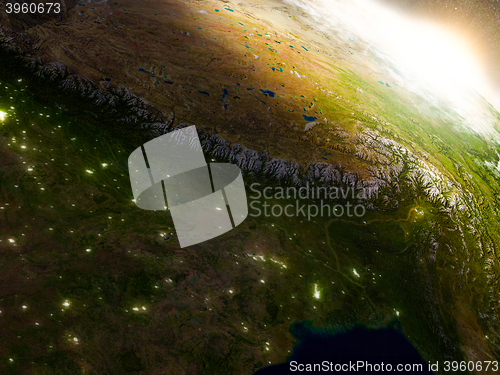 Image of Nepal and Bhutan from space during sunrise