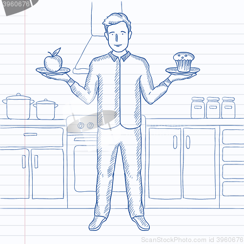 Image of Man with apple and cake.