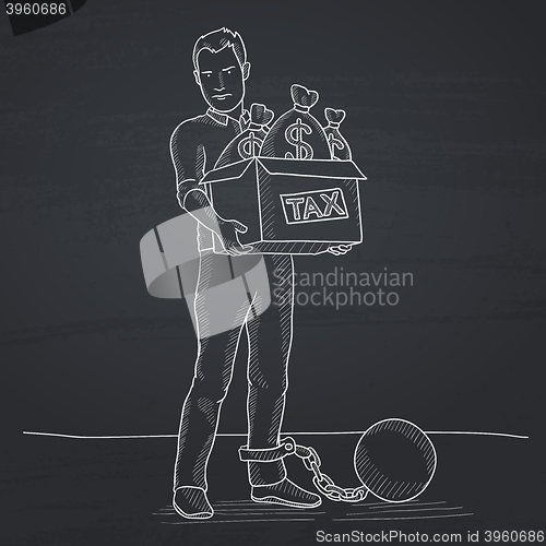 Image of Chained man with bags full of taxes. 