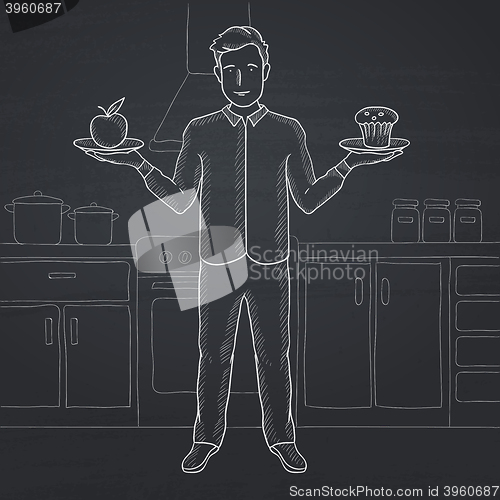 Image of Man with apple and cake.