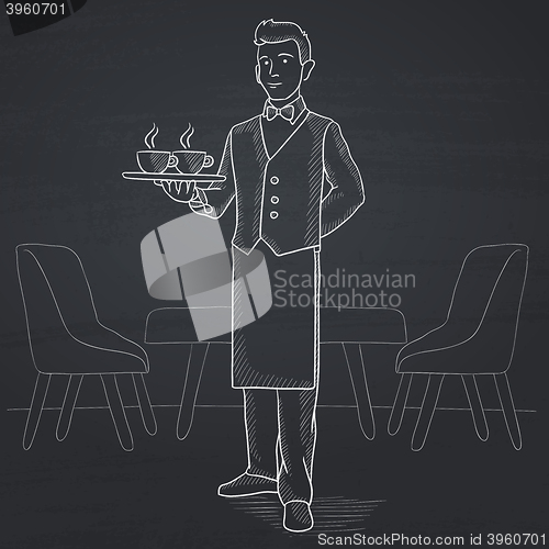 Image of Waiter holding tray with beverages.