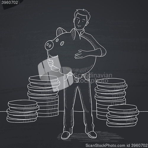 Image of Man carrying piggy bank.