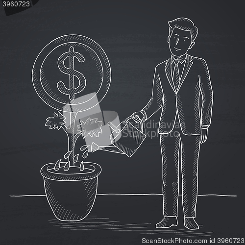 Image of Man watering money flower.