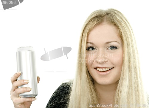 Image of Young woman with can