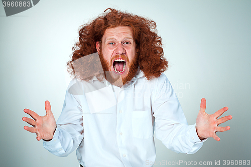 Image of Portrait of screaming young man with long red hair and shocked facial expression on gray background