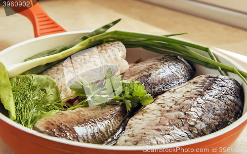 Image of Fish and components for her preparation in a large skillet.