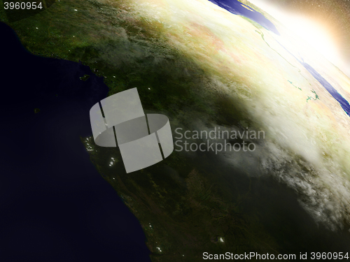 Image of Cameroon, Gabon and Congo from space during sunrise