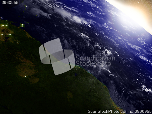 Image of Guynea and Suriname from space during sunrise