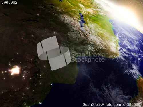 Image of Mozambique and Zimbabwe from space during sunrise