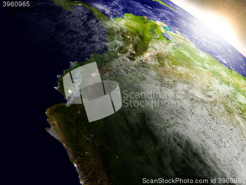 Image of Ecuador from space during sunrise