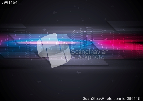 Image of Dark glowing futuristic circuit board tech background
