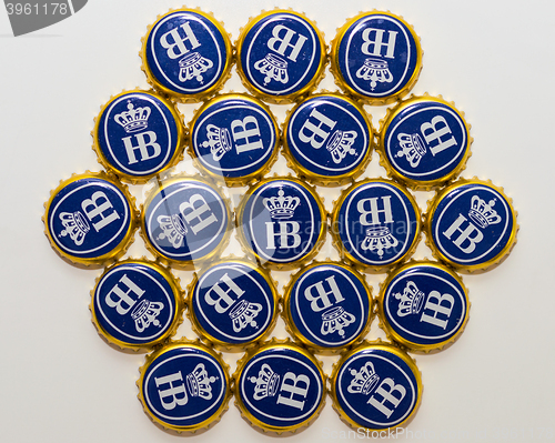 Image of Many bottle caps of beer from Bavarian brewery Hofbrau Munich