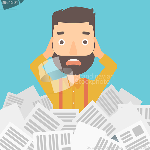 Image of Man in stack of newspapers.