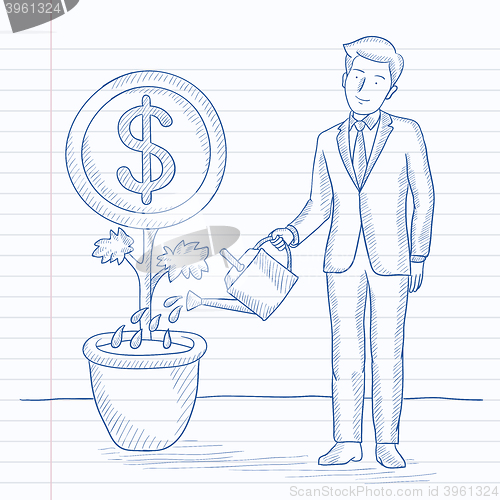 Image of Man watering money flower.