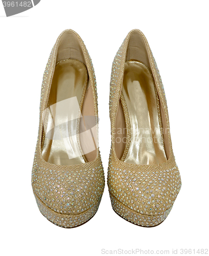 Image of Pair of high heeled gold shoes, decorated with crystals