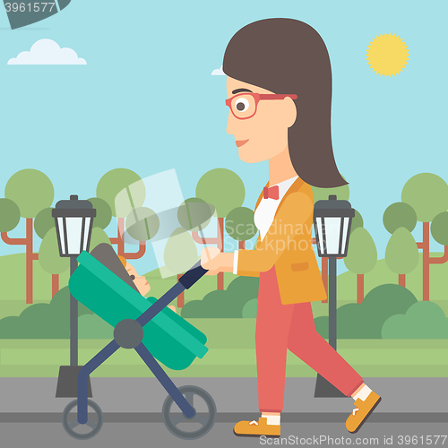 Image of Woman pushing pram.