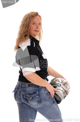 Image of Blond woman with motorcycle helmet.