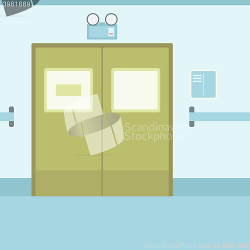 Image of Background of hospital corridor with closed doors.