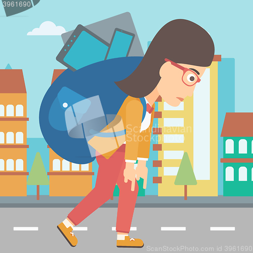 Image of Woman with backpack full of devices.