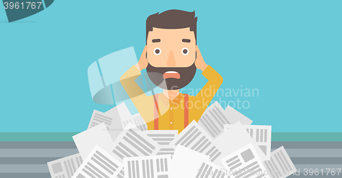 Image of Man in stack of newspapers.